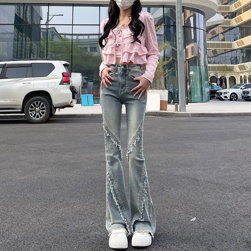 High-Waist Flare Straight-Leg Jeans Women Slimming Y2K Vintage Retro Pant Trousers Female Tassel Spliced Patchwork Goth Pants