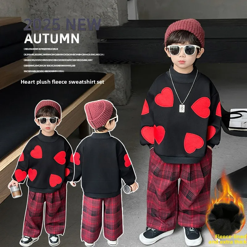 

Trendy Winter Hoodie Set for Boys with Fce Love Heart Design Two Piece Casual Sportswear Ensemble for Teenagers