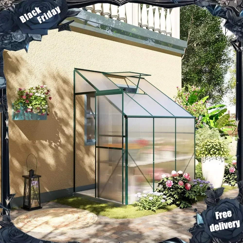 6' x 4' x 7' Hobby Greenhouse, Walk-in Lean-to Polycarbonate Hot House Kit with Aluminum Frame, Sliding Door