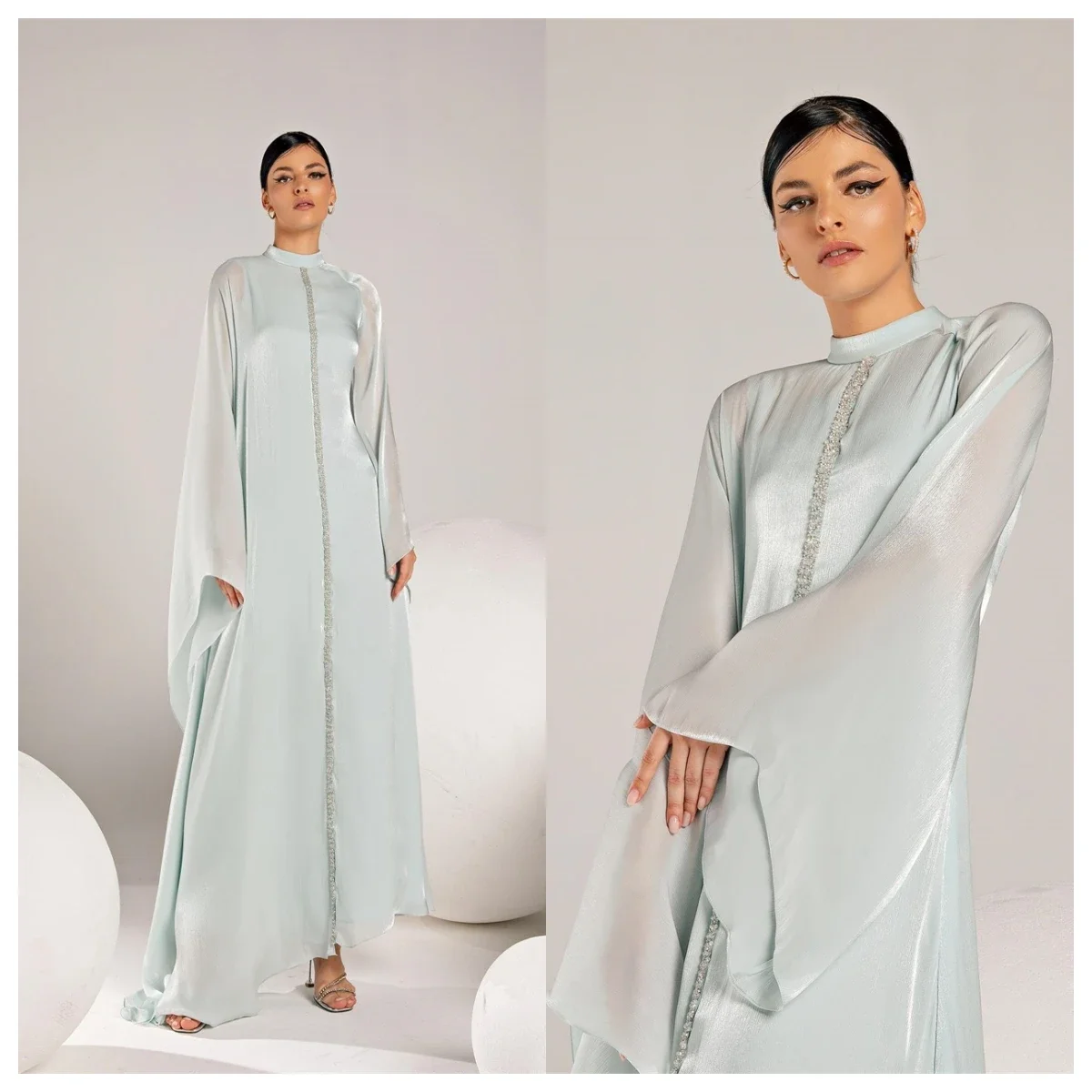 

Customized Graceful Chiffon Crystal Evening Dress Temperament Long Sleeves High Collar Floor Length Special Occasion Gowns