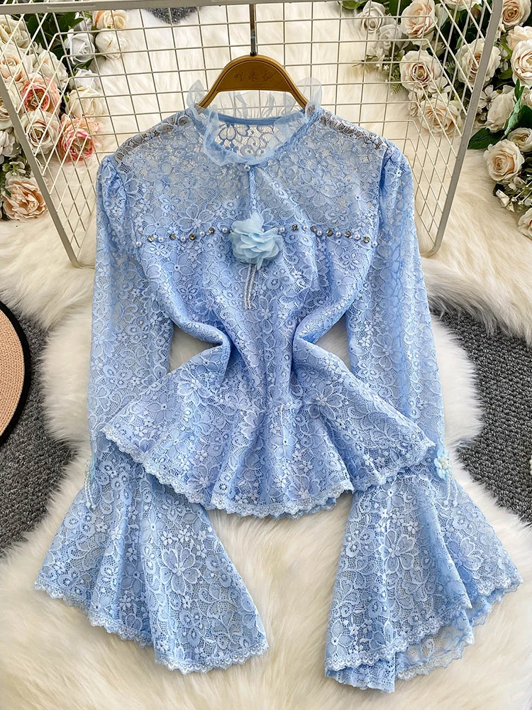 

Женская кружевная блузка с бисером и шипами, рубашка с рукавами-трубой и бриллиантами, нежный розовый топ с расклешенными рукавами, женский топ Blusa BL229