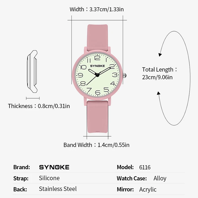 Women Watches Alloy Case 34mm Silicone Strap Luminous Dial SYNOKE Brand Waterproof Quartz Watch Ultra-thin Ladies Wristwatch