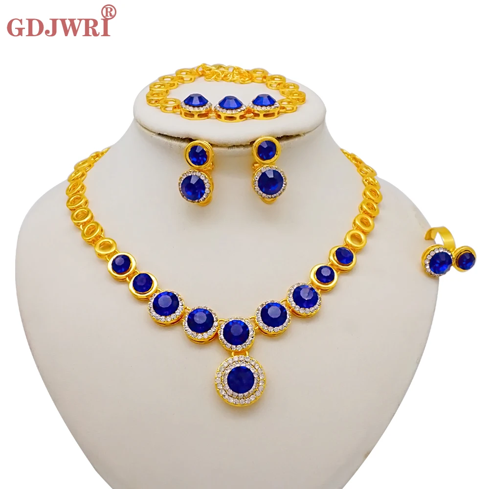 Luxus Dubai Gold Farbe Doppels chicht Halskette Schmuck Sets für Frauen afrikanischen Wasser tropfen Kristalls chmuck indischen Set Geschenke – Detail 24