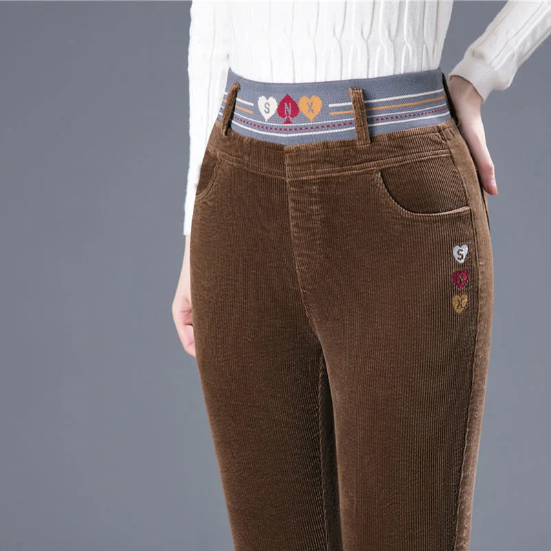 Winter New Corduroy Slim Haren Pants Women\'s Contrast Elastic High Waist Pockets Patchwork Fleece Casual Versatile Feet Trouser