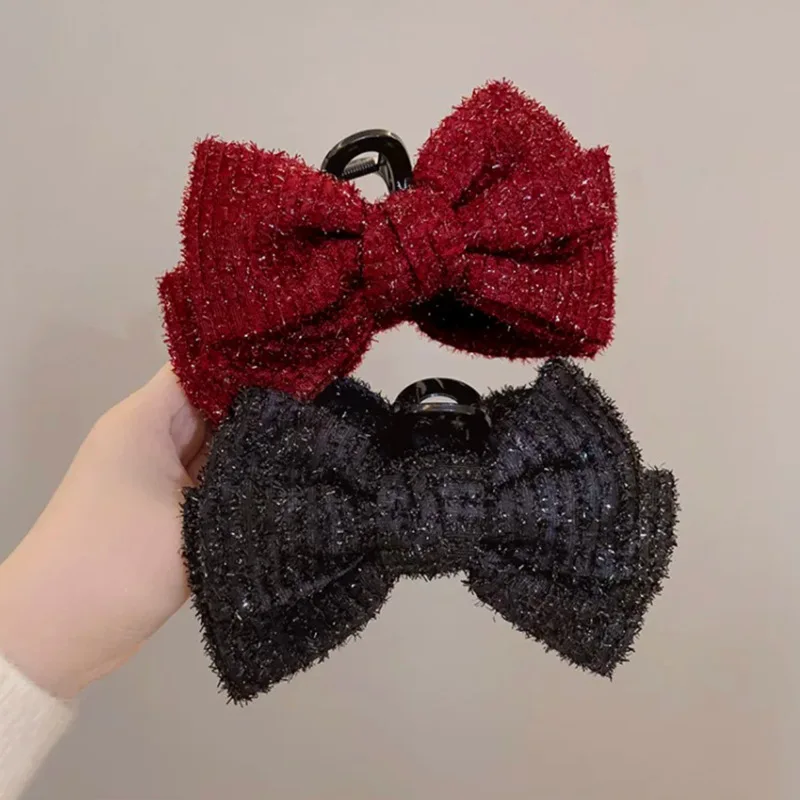 Elegant Solid Colour Big Bow Hair Clips Woman Ponytail Claw Clip Sparkling Clips Hairpin Girls Headdress Hair Accessories Gifts