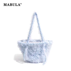 MABULA Winter Fluffy Cotton Bucket Bag Cute Woven Solid Handbag For Girls Knitted Tassel Fashion Simple Shoulder Purse Phone Bag