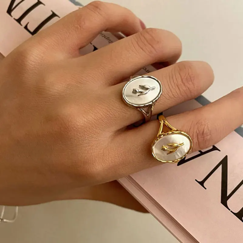 VENTFILLE 925 Sterling Silver Metal Flower Shell Geometric Rings For Women French Retro Romantic Open Thai Silver Rings