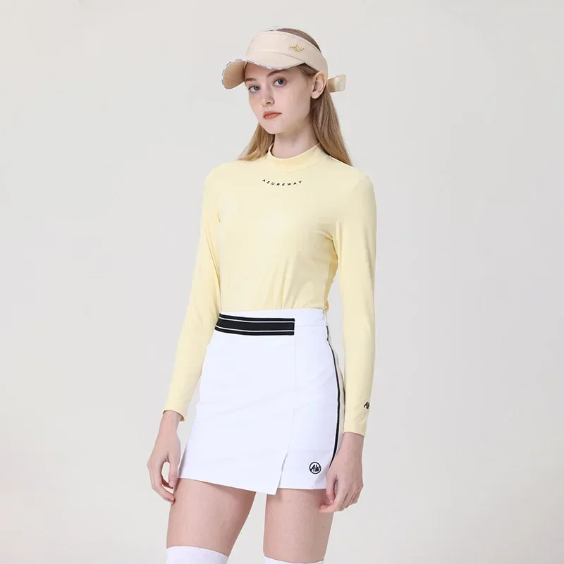 Azureway Lady Round Neck Golf Shirt Autumn Long Sleeve Sports Tops Women Pencil Golf Panskirts Winter Split Wrap Skirt Set