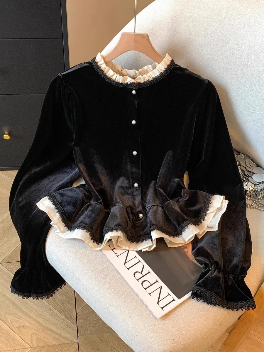 

Элегантный черный бархатный топ с рукавами-колокол для женщин: модный, шикарный, универсальный, для осени и зимы, 100% полиэстер