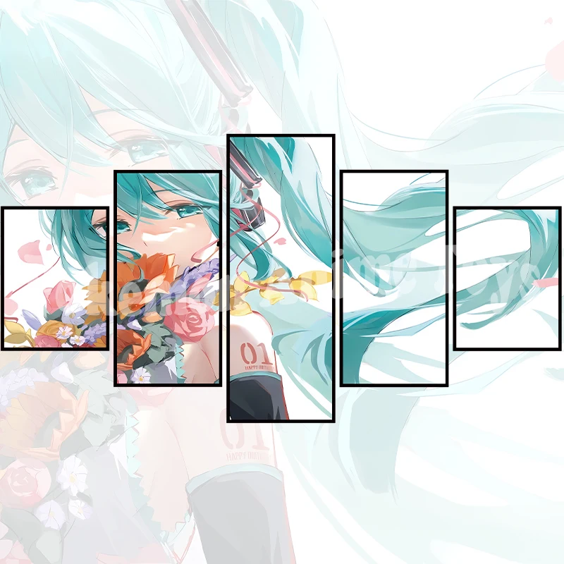 5pcs/set Virtual Idol H-Hatsunes M-Miku Canvas Poster Modern Art Mural Indoor Bedroom Bedside Display Combination Painting