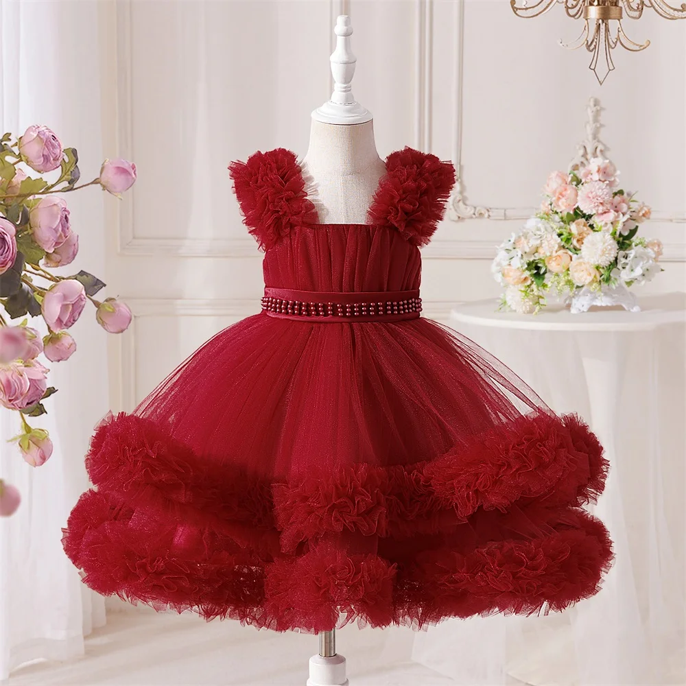 Girl Beading Mesh Layered Dress Ball Gown Elegant Princess Wedding Childrens Fashion Birthday Party Piano Performance Costume