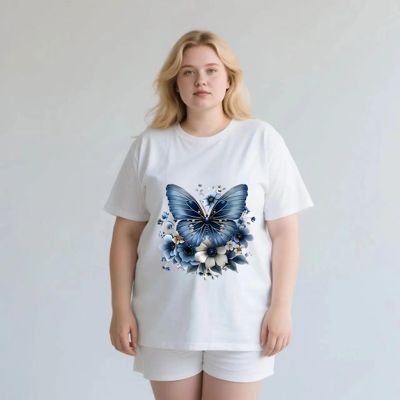 

Blue butterfly print for commuting and casual wear plus size Ladies' casual short sleeved T-shirt white