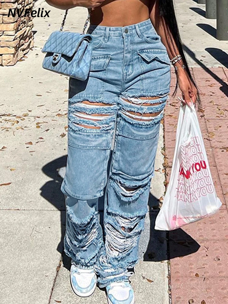 

Women Hole Jeans Clothing Baggy Straight Denim Jeans Vintage 90s High Waist Loose Casual Long Pants Streetwear New Clothes