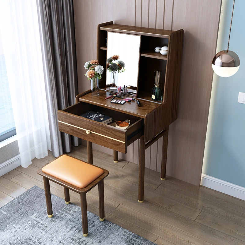 

Solid Wood Dresser Bedroom Modern Minimalist Walnut Dresser Small Apartment 60cm Mini Makeup Table