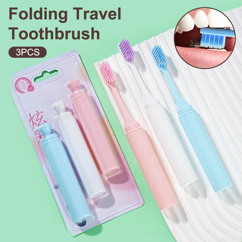 

3Pcs Travel Toothbrush Foldable Portable Small Dental Brush Adult Soft Toothbrush Candy Colors Cleaning Tooth Dental Oral Care