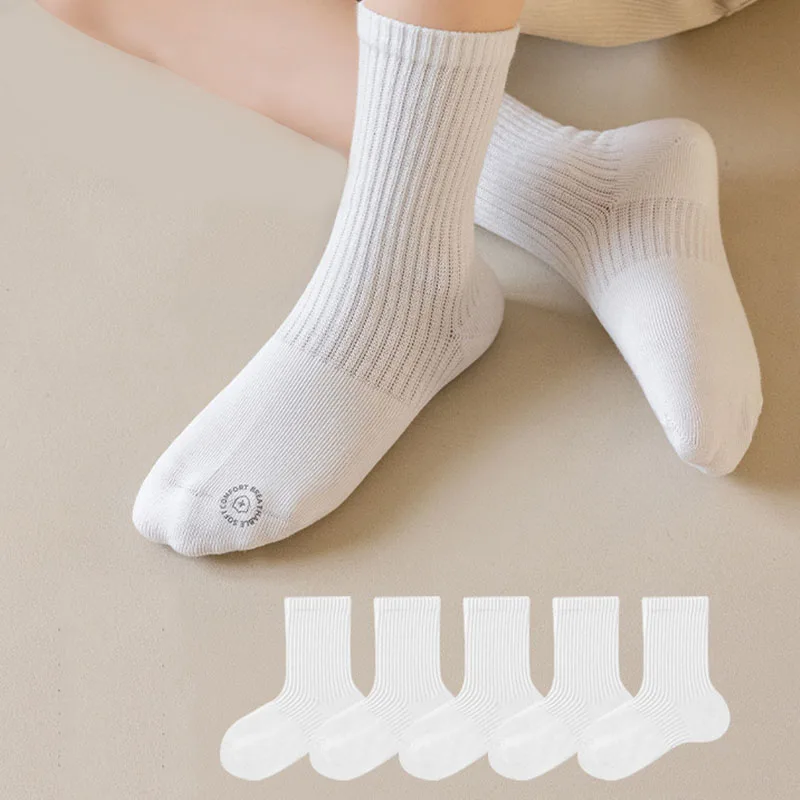5 Paar weiße Kinder-Sportsocken, atmungsaktiv, mittlere Röhre, Kindersocken, schweißabsorbierend, laufende Kindersocken, Studentensocken für Jungen