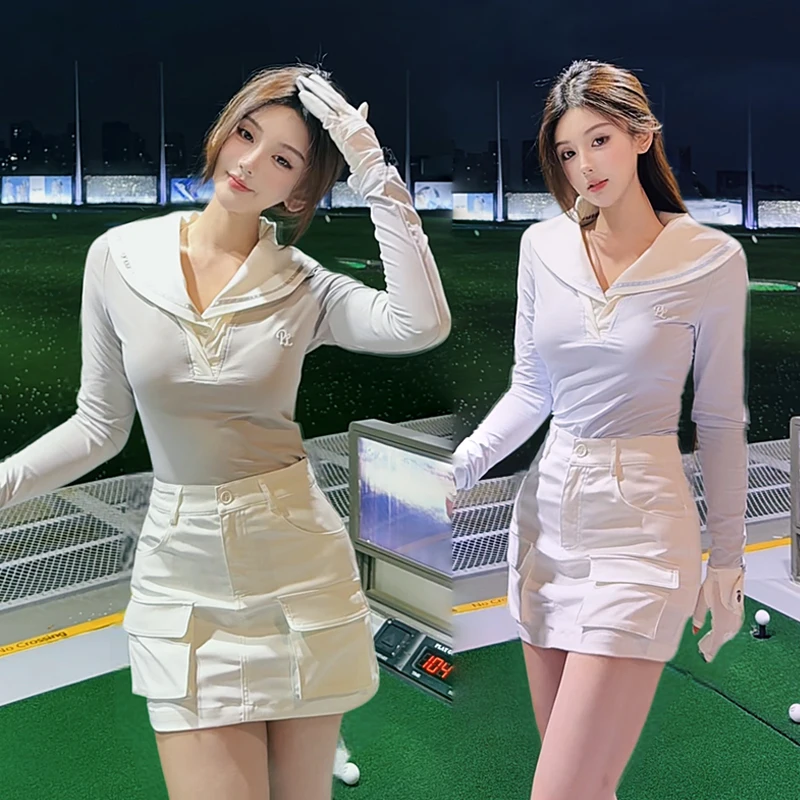 PL Women Sailor Collar Golf Tops Long Sleeve Breathable Slim Shirts Ladies High Waist Golf Cargo Skirts Sports Skorts with Short