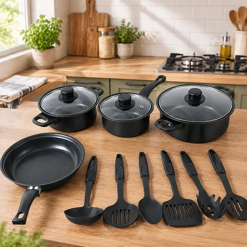 13-Piece Set of Black Nonstick Pots, Frying Pan, and Cooking Tools Suitable for Induction and Outdoor Use
