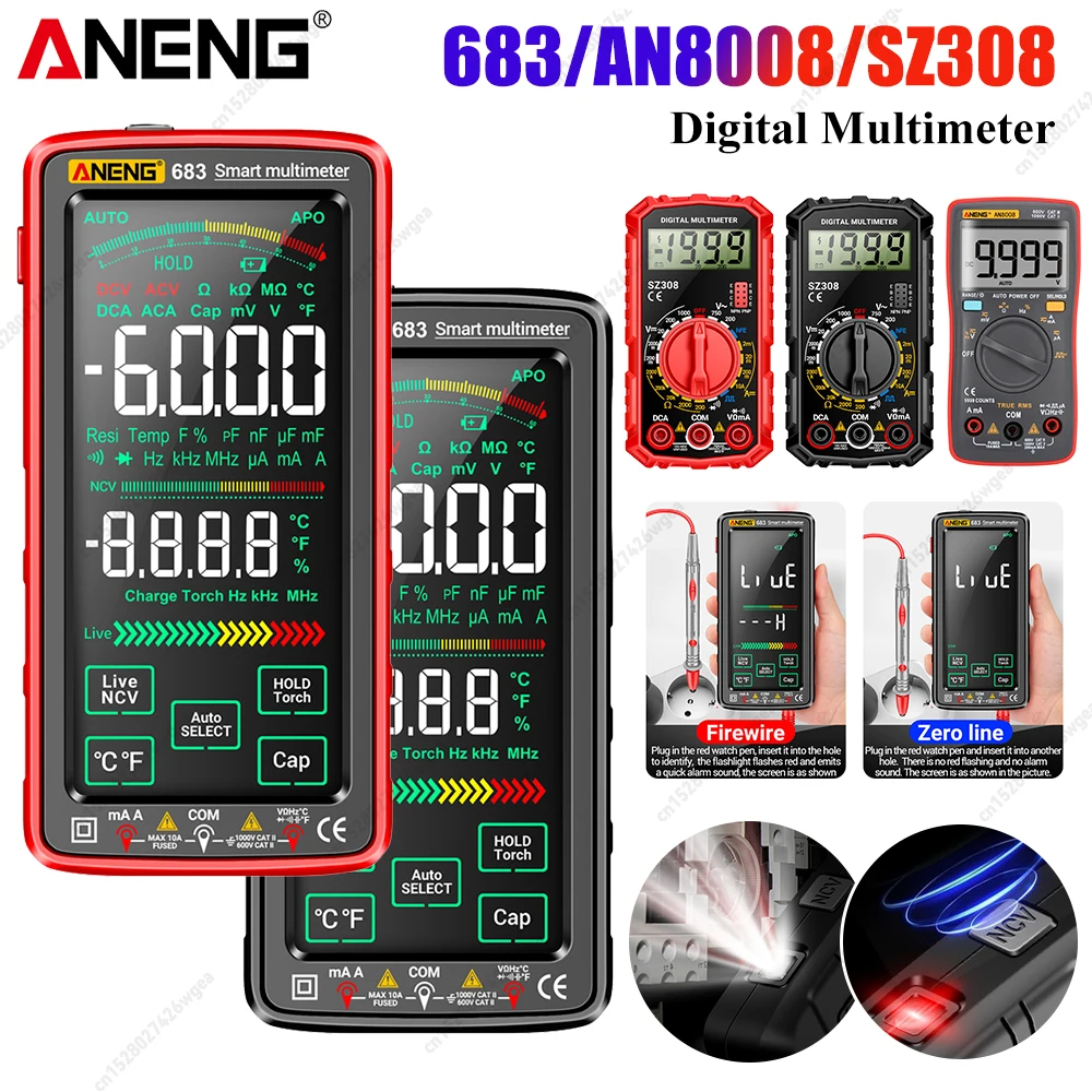 ANENG 683/AN8008/SZ308 Digital Multimeter AC/DC Touch Portable Capacitor Tester Rechargeable Flashlight Lighting Voltage Meter