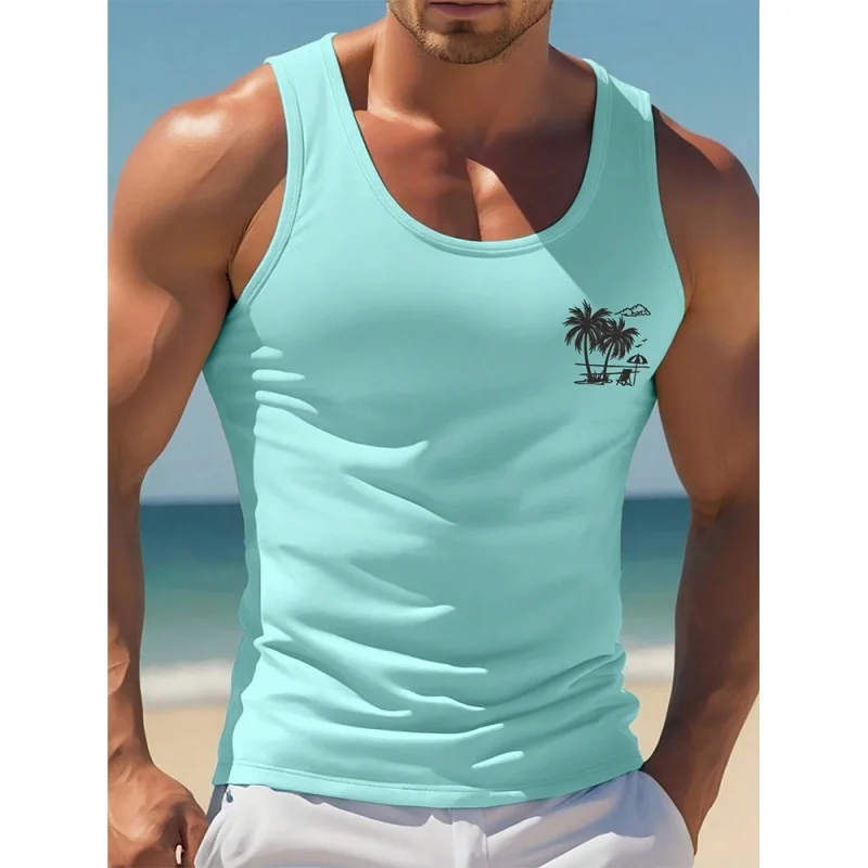3D Printed Coconut Tree Tank Tops For Men Colorful Gradient Pattern Tees Summer Loose Vacation Street Sport Tops Round Neck Vest