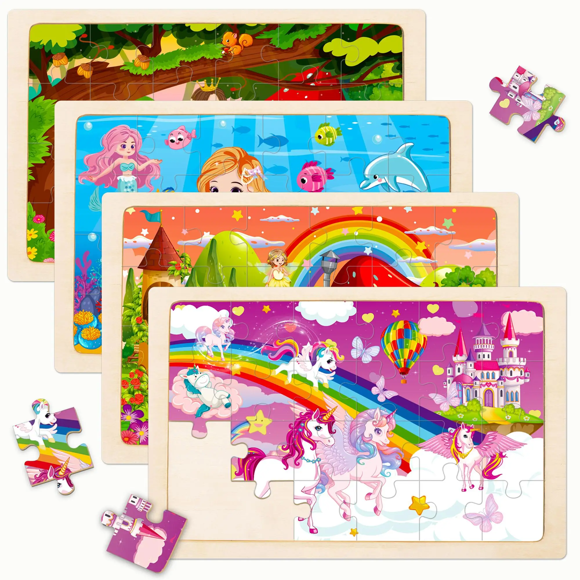 Puzzle in legno per bambini di età compresa tra 3 e 6 anni, design fata sirena principessa unicorno, giocattolo educativo, gioco di apprendimento prescolare in confezione da 4