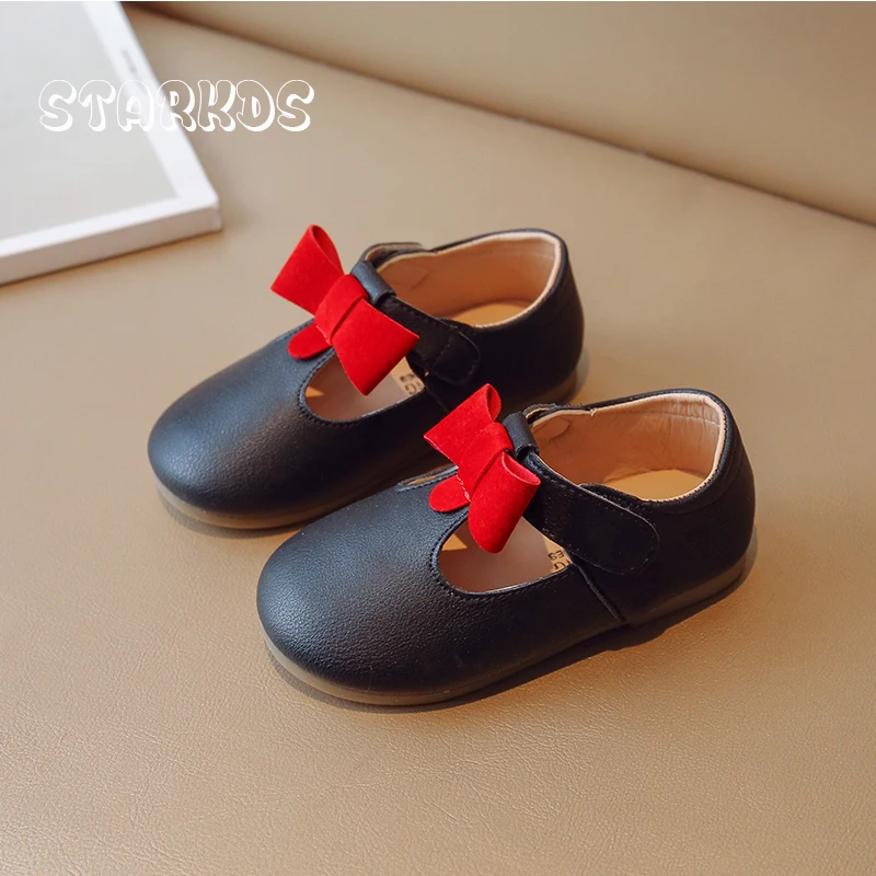 

Red Bowknot Black T-Strap Mary Jane Shoes Kids Soft Leatherette Ballet Flats Baby Girls Round Toe Bow Tie Shallow Loafers