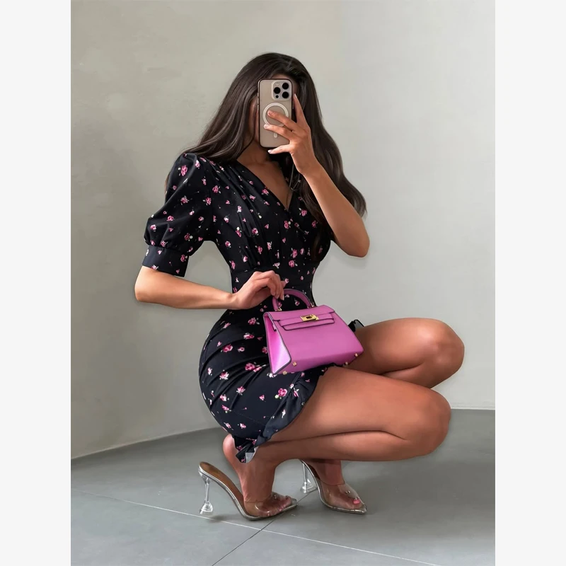 Chic Printed Slim Fit Mini Dress Women Elegant V-neck Puff Short Sleeves Waist Cinching Dresses 2026 Summer Lady Party Robes New