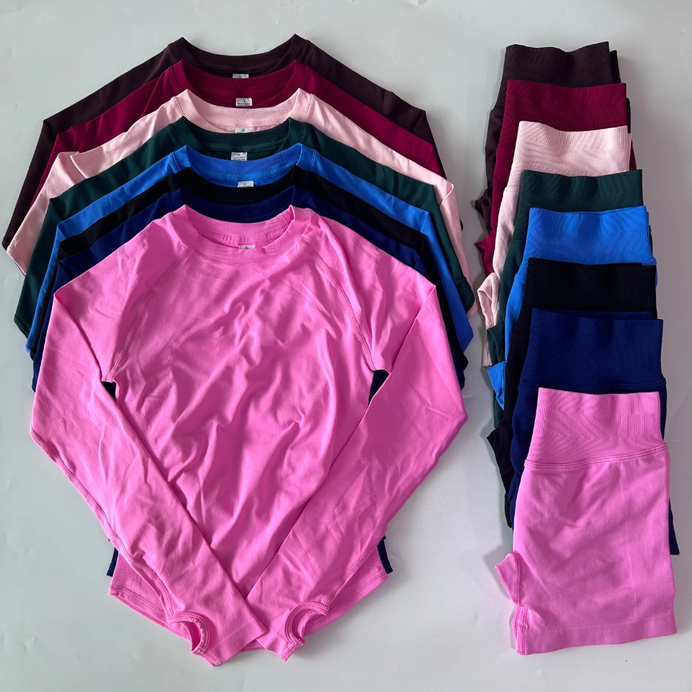 

2 Pieces Set Women Longline Long Sleeve Gym Crop Top High Waist Workout Shorts Sports Suit Fitness Clothes Seamless Yoga Set