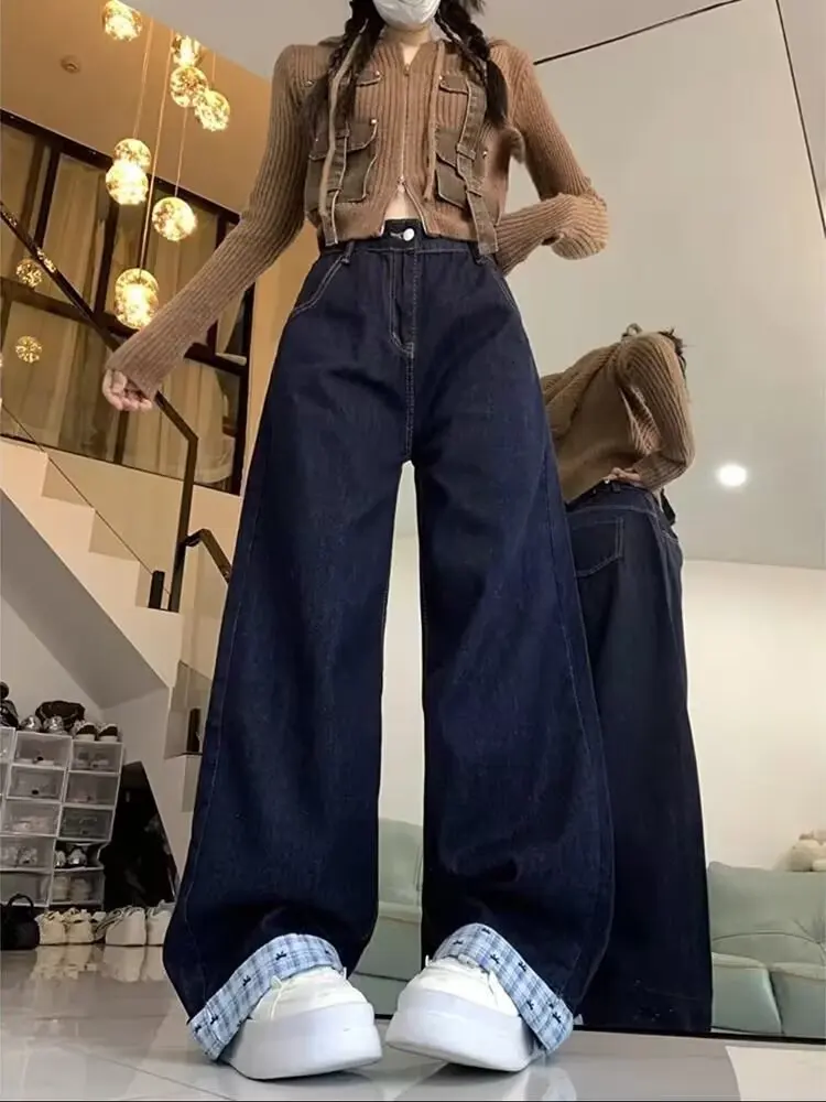 

Blue Plaid Curly Edge Spliced Bow Plaid High-waist Jeans for Women's Design Loose Floor Wide-leg Pants Y2k 2000s Clothes Jorts