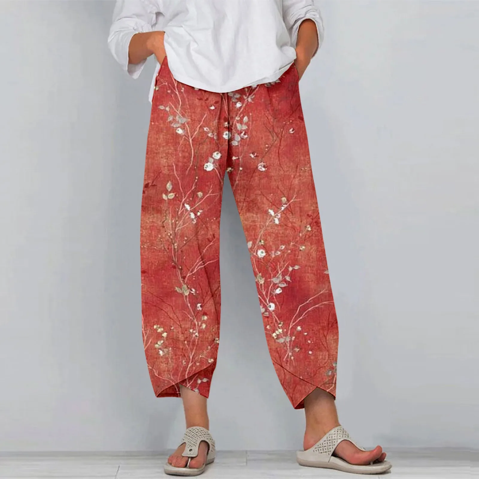 2024 Loose Comfort Elastic Waist Harem Pants For women Vintage Printed Summer Cropped Pants Trousers Casual Wide Leg Pants Women