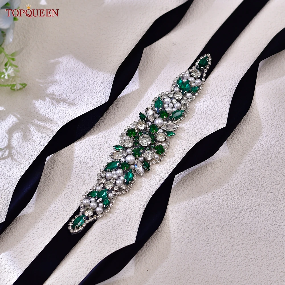 

TOPQUEEN Green Rhinestone Jewellery Patch Bridal Belt Handmade Wedding Accessories Evening Gown Decoration Bridesmaid Sash S162