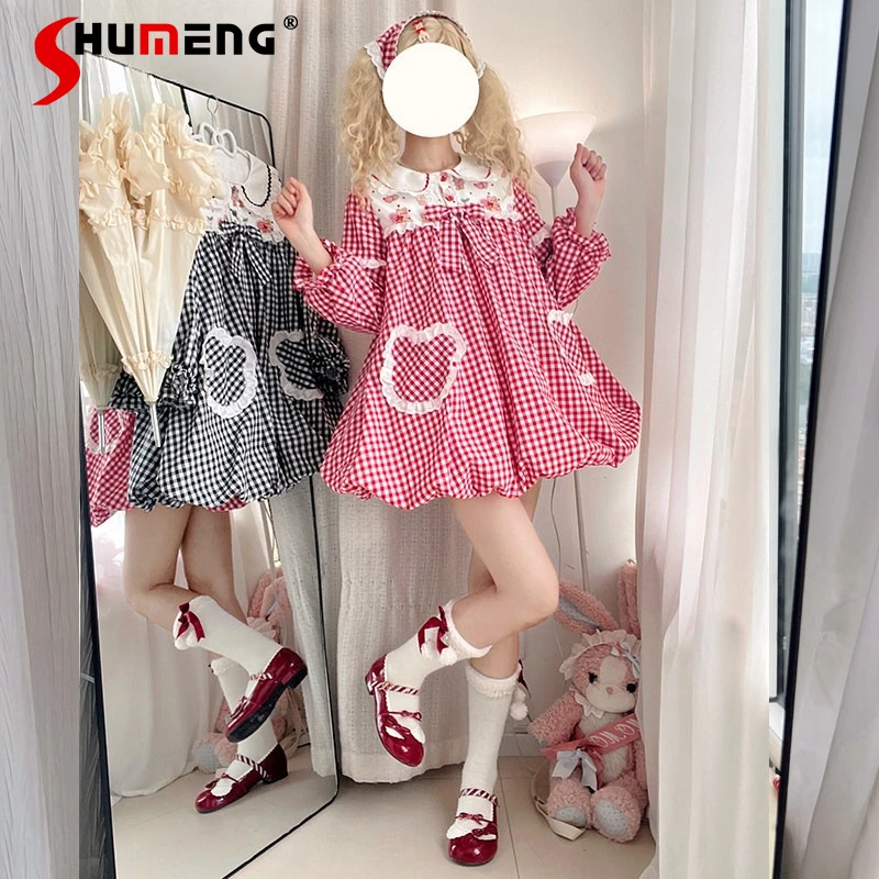 

Original Japanese Style Cute Girl's Bud Plaid Dress Navy Collar Long Sleeve Cartoon Strawberry Bear Lolita Short Dress for Women