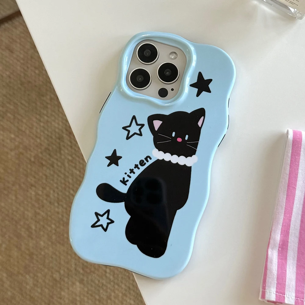 

2 IN 1 Funny Cat Cute Kitten Wave Edge Shockproof Phone Case for iPhone 13 14 15 16 17Air Cartoon Cover for Iphone 17 Pro Max