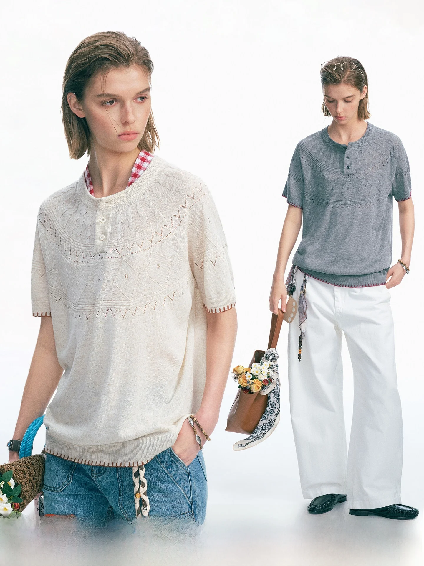 Dream Made Linen Knitted Short Sleeve T-Shirt Hollow out Hand Sewing Line Men Summer Thin Half Sleeve Top Breathable Comfortable