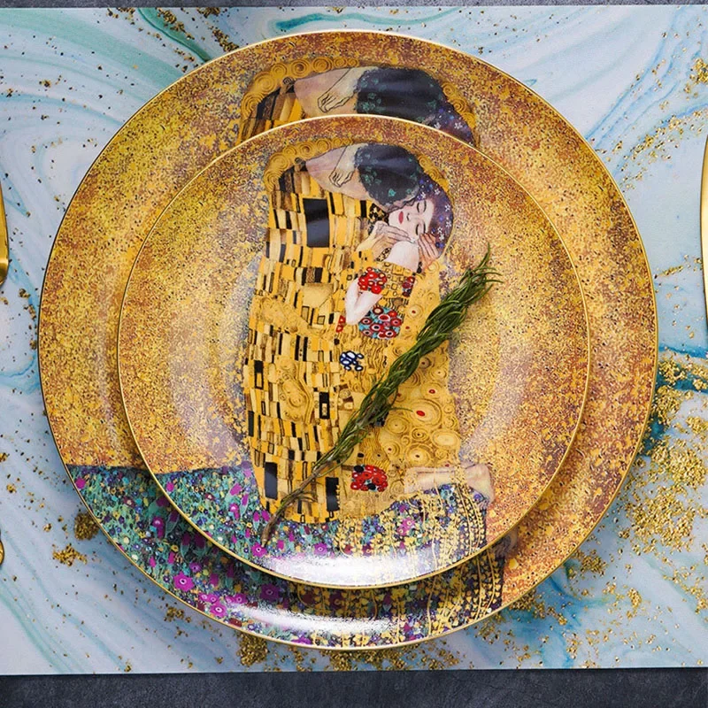 Klimt Kiss Bone China Dinning Plates Set Luxury Porcelain Plate for Dessert Steak Bread Cake Dish Home Party Tableware Gift