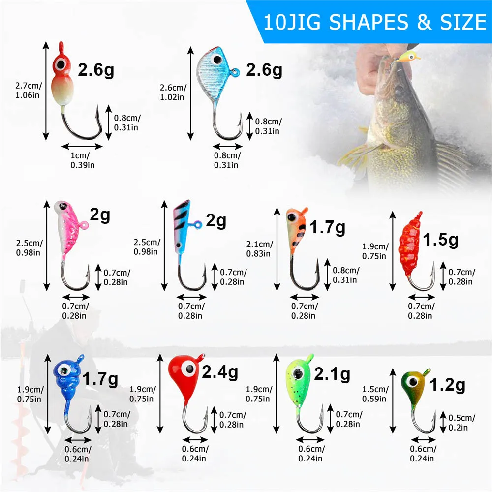 12 Stuks Winter Ijsvissen Lokken Ijs Jigs Voor Crappie Bass Panfish 1.2G-2.6G Kunstaas harde Jig Hoofd Haken Vissen Kit