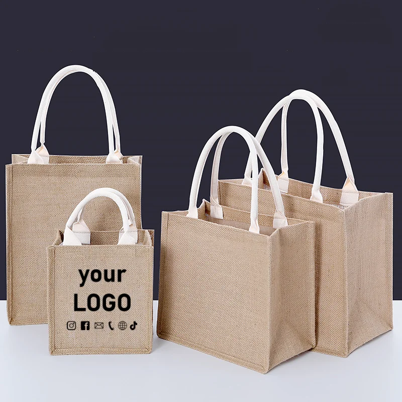 10 pieces burlap bag shopping tote bag eco-friendly lunch box linen women storage canvas bag print logo