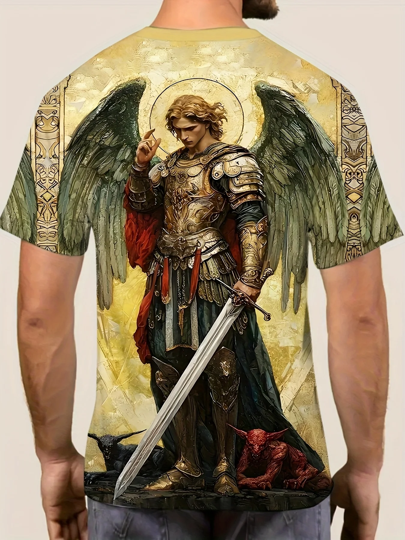 Herren-T-Shirt mit Rundhalsausschnitt, 3D-Druck, Erzengel, Heiliger Michael, Schwert, Dämon, Vintage-Kunstdruck, lässige Oberteile – Detail 3