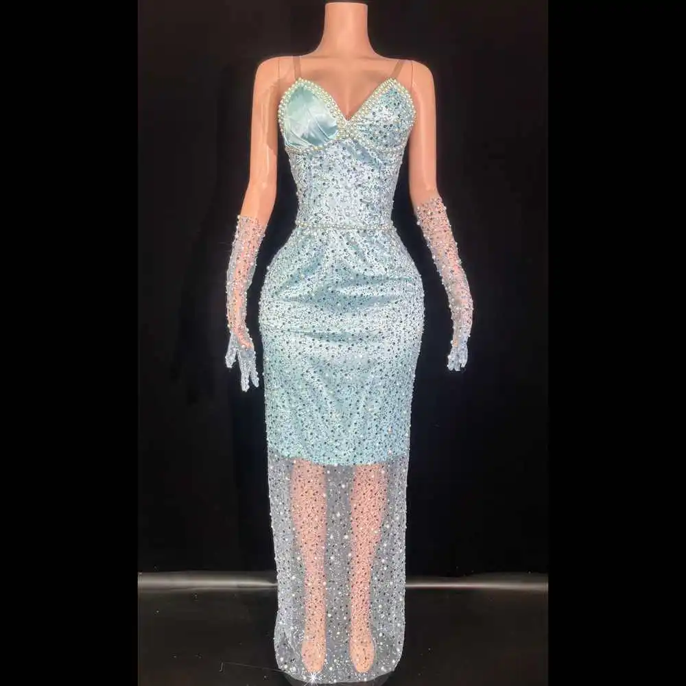 

Elegant Rhinestones Sequins Pearls Long Dress Sheer Gloves for Women Sexy Evening Prom Celebrate Birthday Dress Photo Shoot Wear