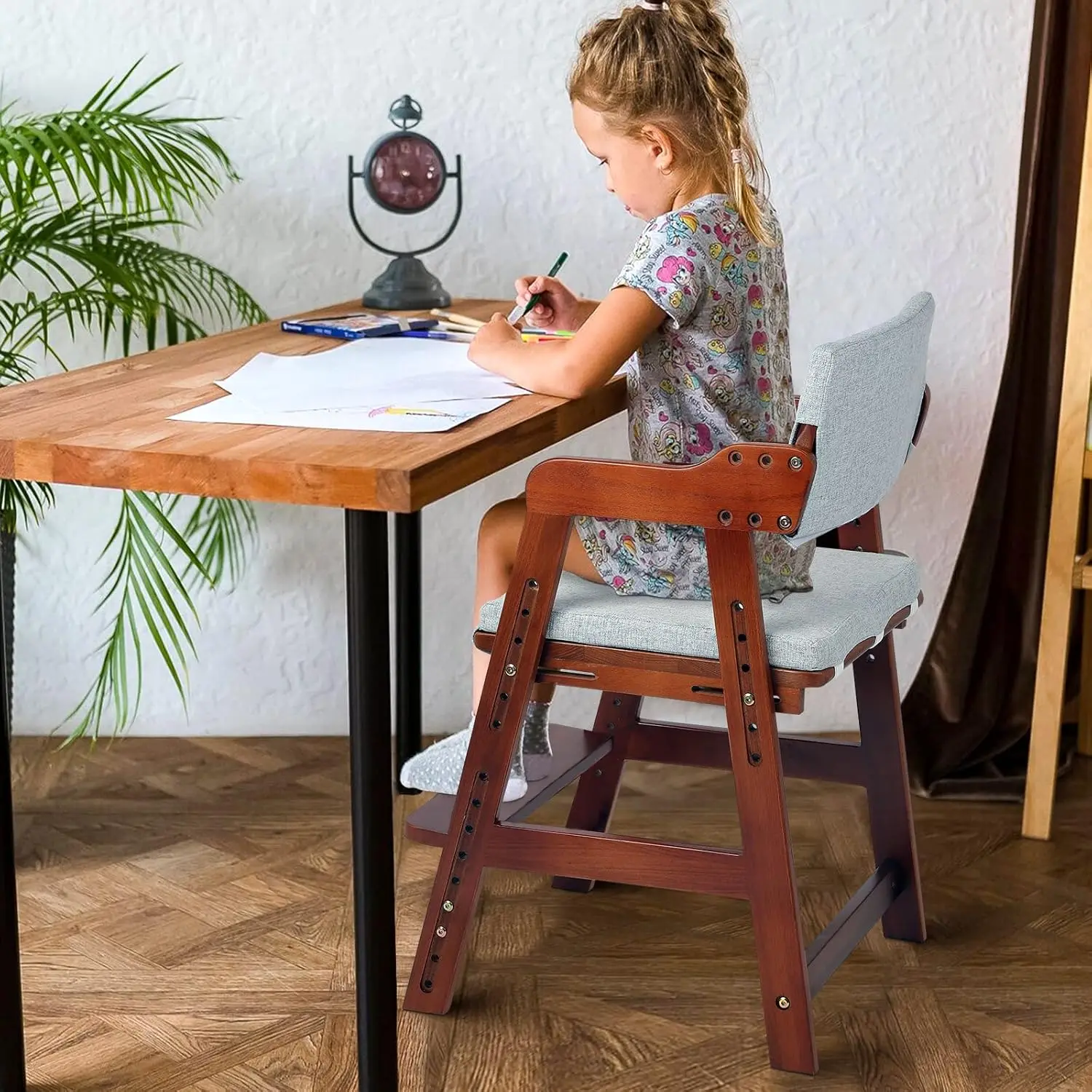 Wooden High Chair for Toddlers to Teens, Adjustable Kids Study Chair with Steps, Kids Dining Chair with Removable Cushio