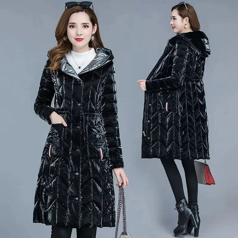 Shiny Down Cotton Jacket Womens 2024 Winter New Korean Slim Versatile Padded Coat Female Large Size Hooded Long Parkas L-5XL