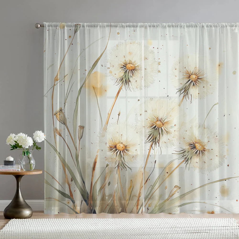 2PCS Home decoration light yellow dandelion printed window screens with pole bags, suitable for kitchens, cafes, and living room