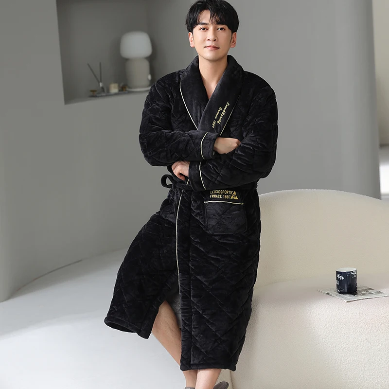 New Winter Men Robe 3 Layer Clip Cotton Bathrobe Male Warm Kimono Bathrobe