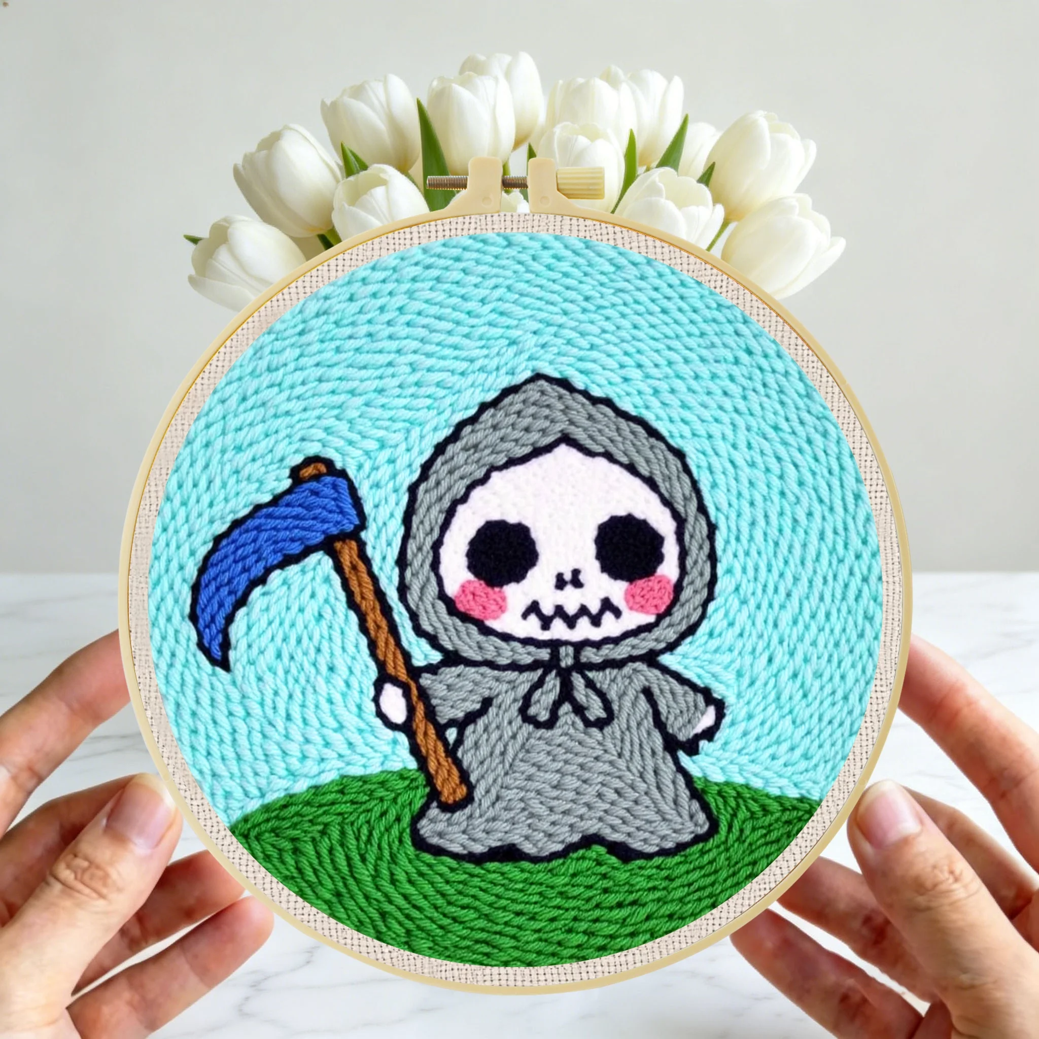 Anfänger-Halloween-Punch-Needle-Stickerei-Set 20x20cm 1 Stück Entspannendes Grusel-Geist-Kürbis-DIY-Set für Süßes oder Saures Partydekoration – Detail 3