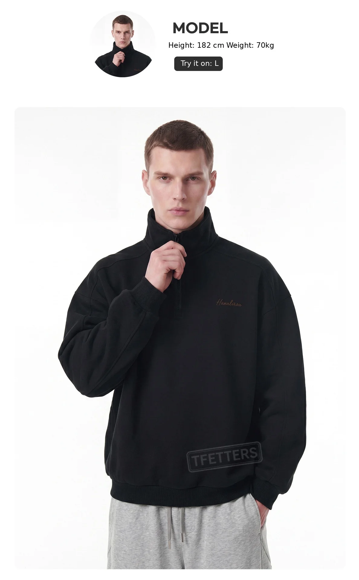 TFETTERS Fall Loose Cotton Half Zip Sweatshirt for Men Heather Gray Stand Collar Minimal Embroidered Casual Tops for Man EU SIZE
