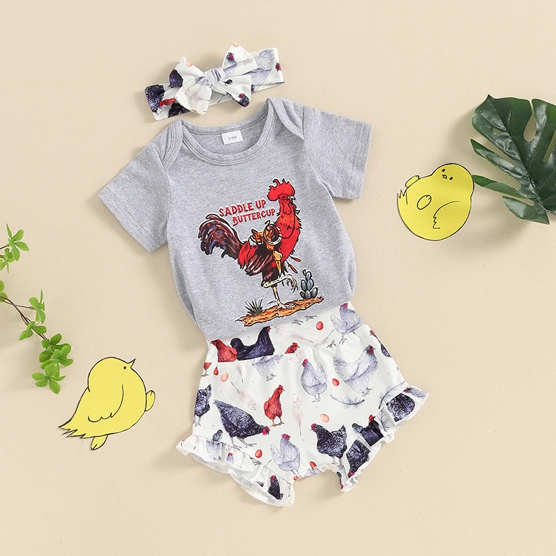 

Baby Girl Farm Outfits Chicken Print Short Sleeve Romper Ruffled Shorts Headband Set Summer Country Clothes