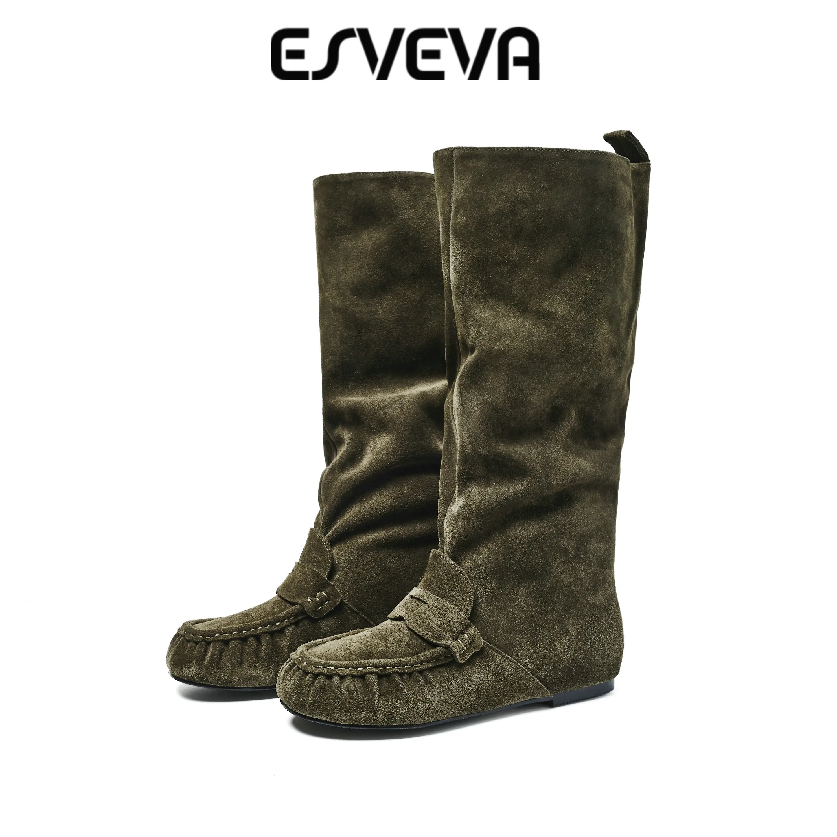ESVEVA 2027 Fashion Women Knee High Boots Cow Suede Leather Winter Woman Shoes Flats Heel Casual Autumn Western Long Boots 34-39