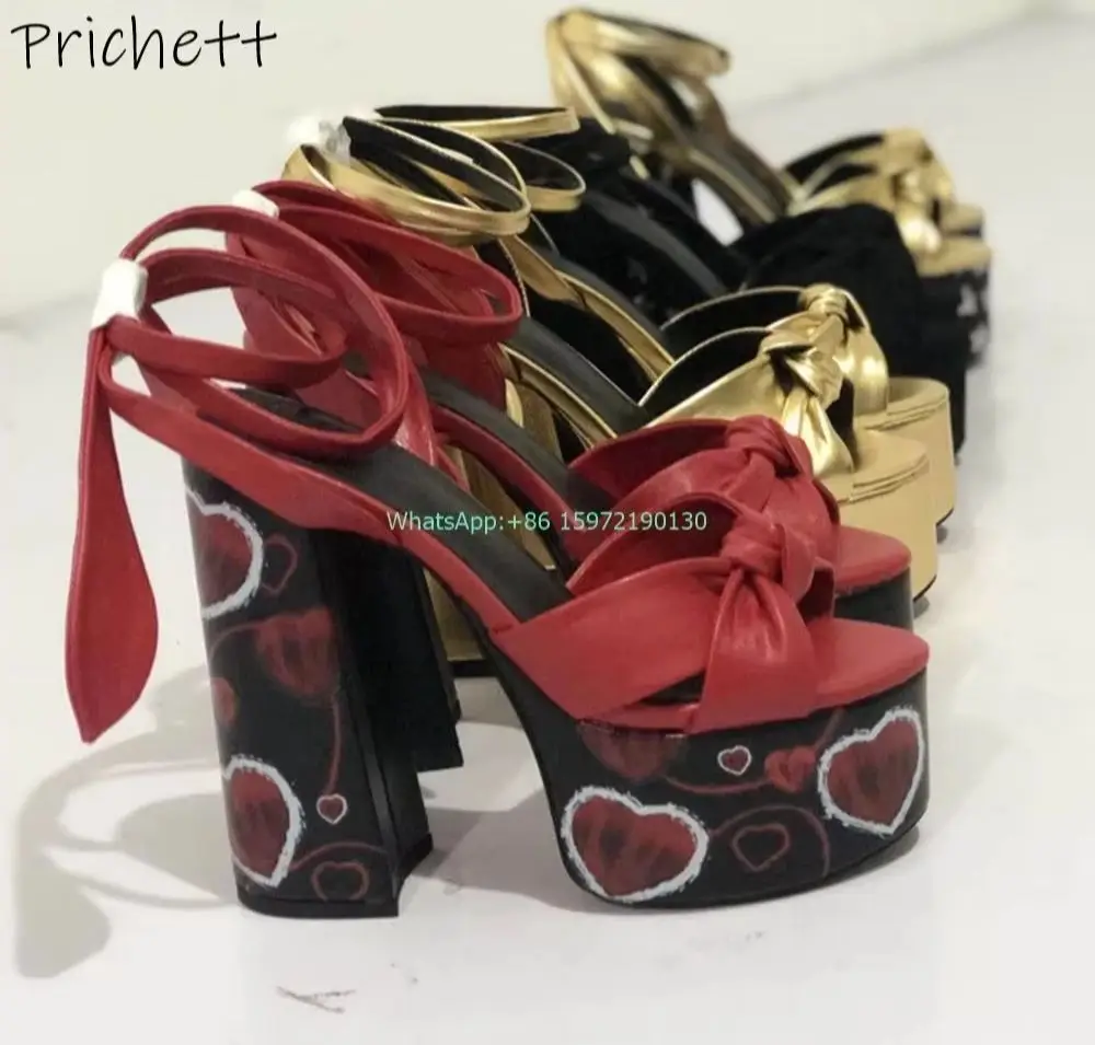 

Twist Painting Ankle Band Sandals Peep Toe Platform Chunky Heels Bows Super High Heels Shoes Summer Big Size Runway Shoes