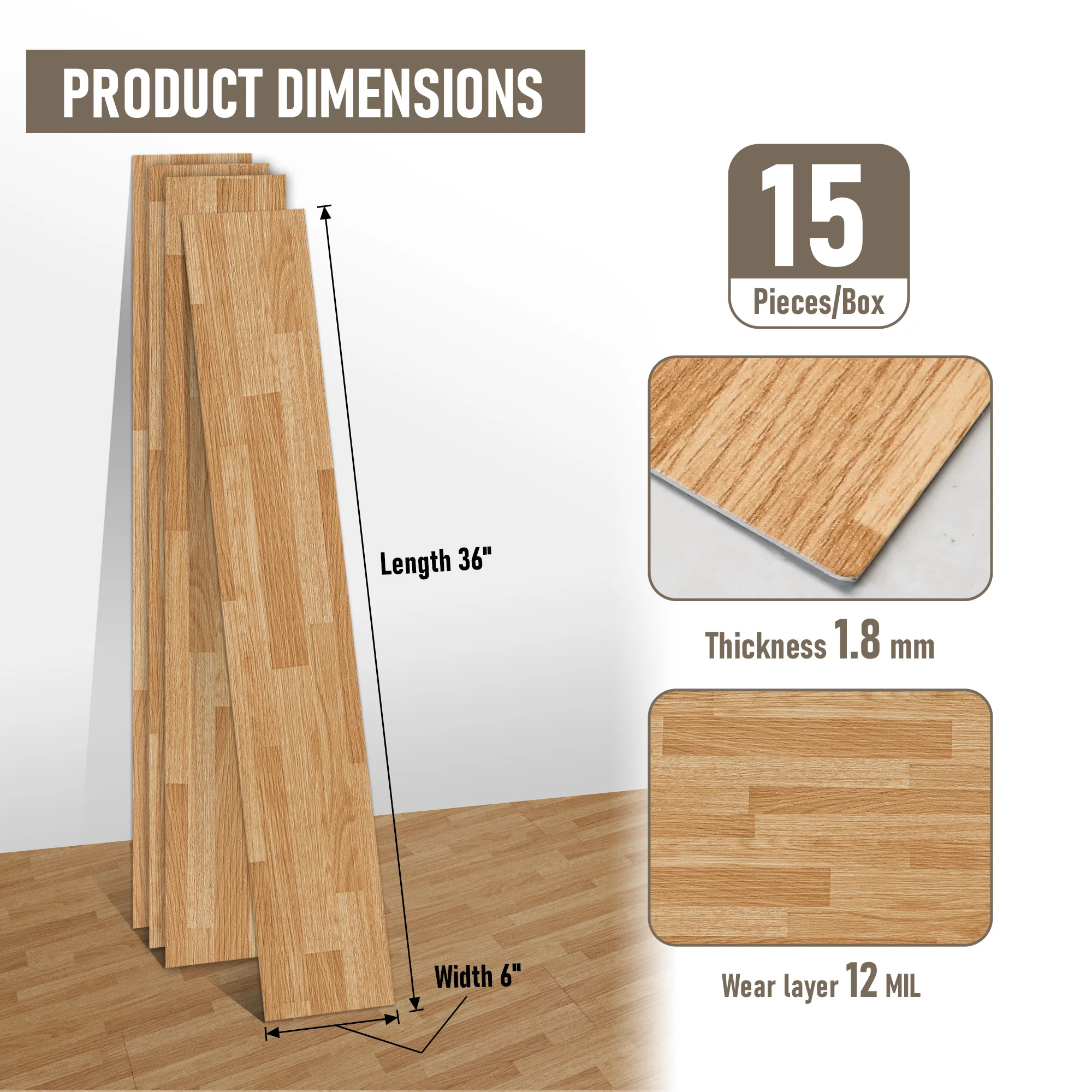 15 قطعة 12 ميل × 6 بوصة. × 36 بوصة. بلاط أرضية غرفة النوم قابل للتقشير واللصق متين للولايات المتحدة #3