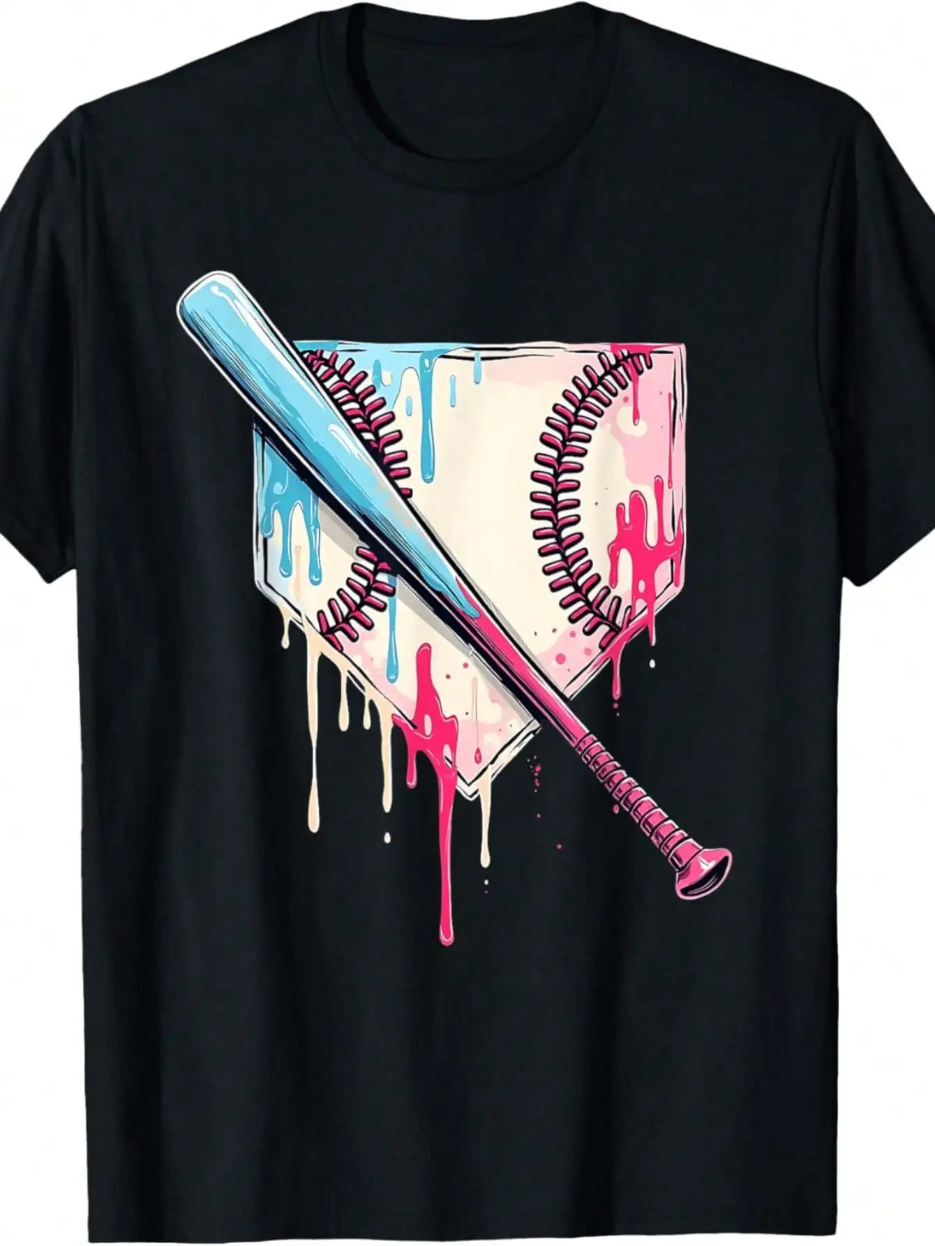 

1pc EWH Cool Sports Baseball Home Plate Drip Belt T-Shirt 100% Cotton Casual Style Regular Fit Round Neck Summer Season